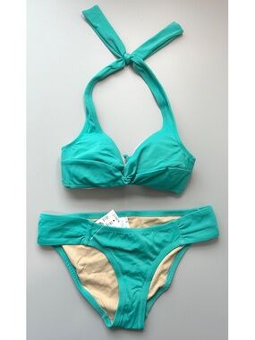J. Crew NWT Solid Twist-Front Halter Top_Solid Glamour Bikini Hipster XS Aqua